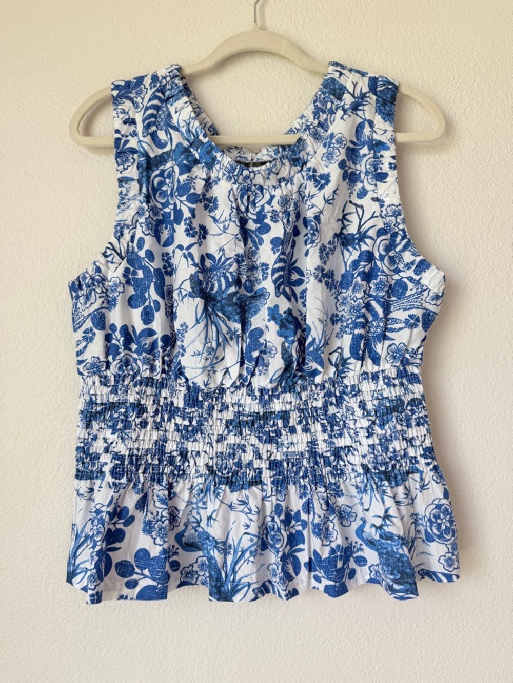 Anthropologie Blue White Floral Smocked Waist Peplum Tank Top Large
